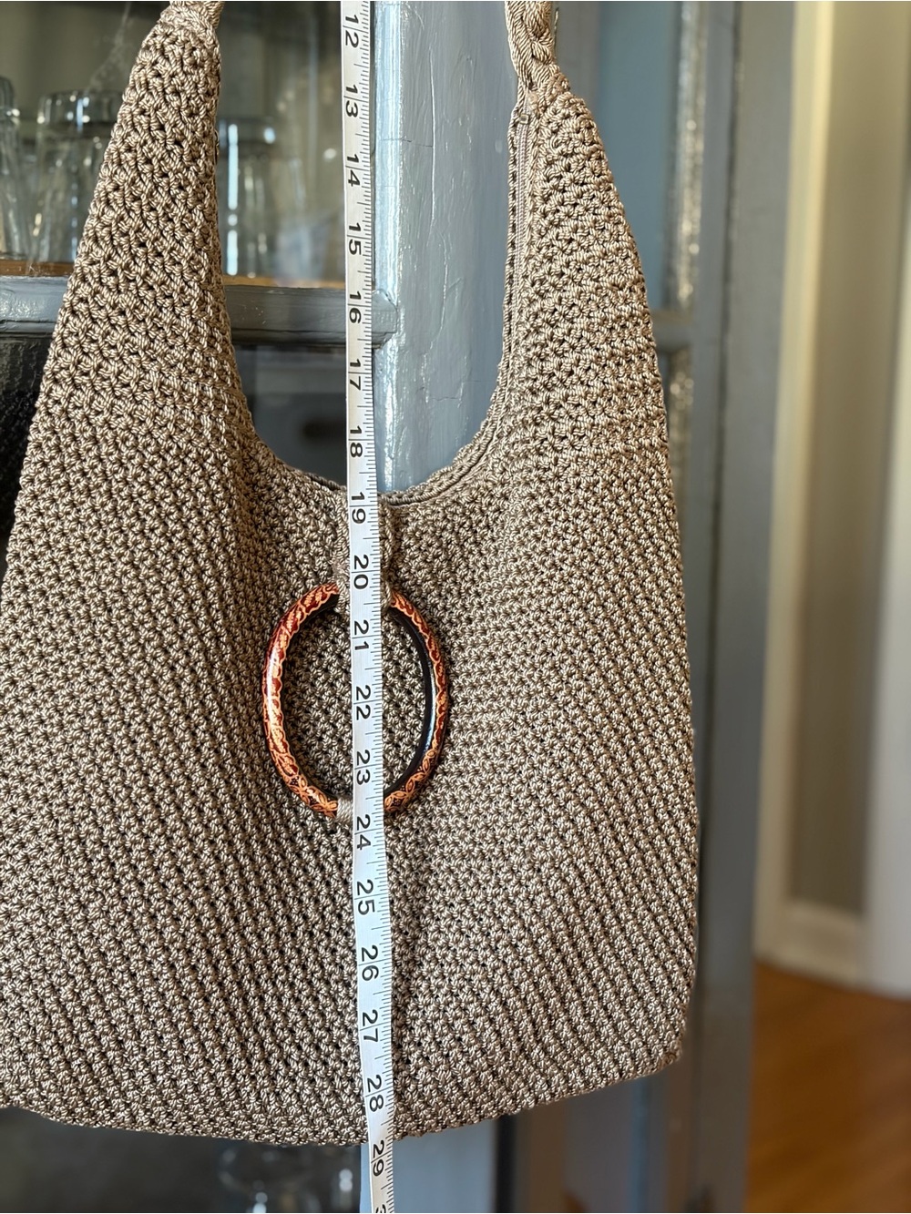 Lina Handwoven Taupe Shoulder Bag with Wooden Ring - Picture 5 of 6